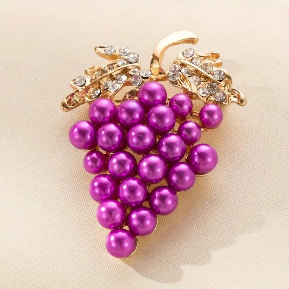 Brooch Pearl Grape Bunch Rhinestones Fruit Purple Glam Hollywood Stylish Unique